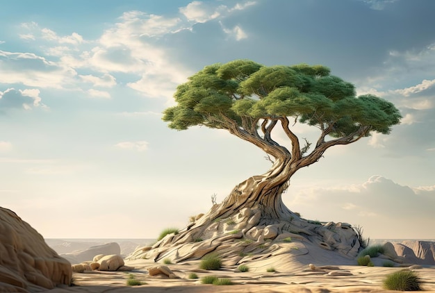 uma árvore fica acima de uma duna no deserto no estilo de fantasias fotorrealistas