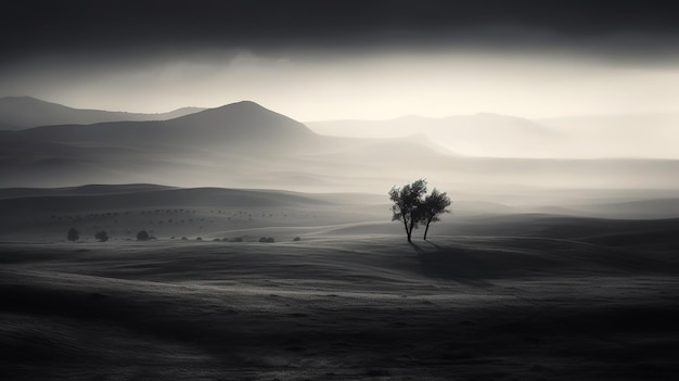 Uma árvore fica no deserto com montanhas ao fundo.