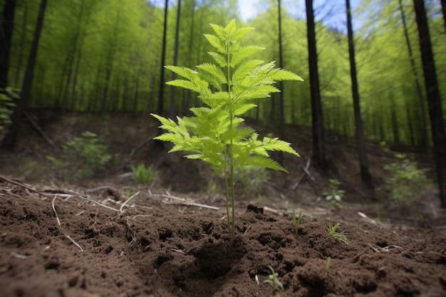 Uma árvore jovem crescendo em uma floresta recém-plantada criada com ai generativa
