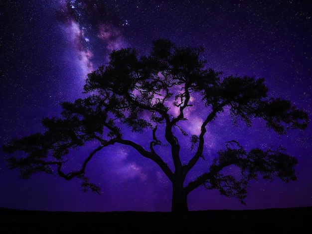 uma árvore majestosa em silhueta contra o pano de fundo do vasto céu noturno cheio de estrelas