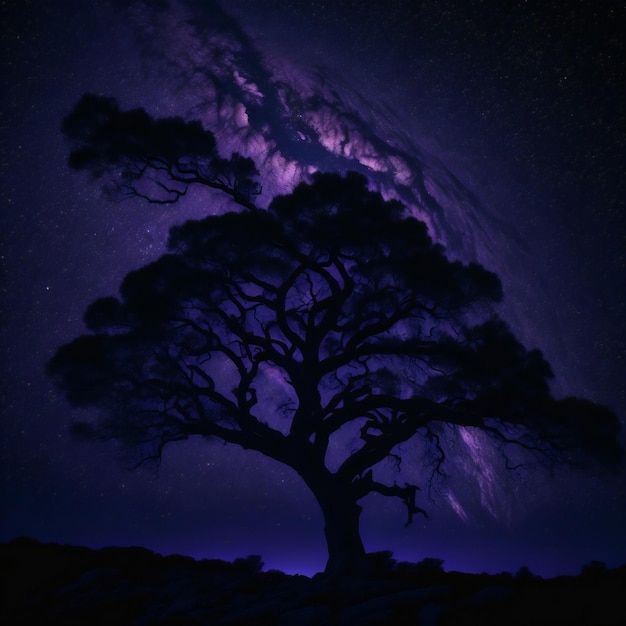 uma árvore majestosa em silhueta contra o pano de fundo do vasto céu noturno cheio de estrelas