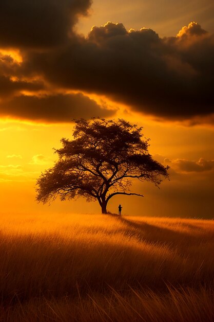 Uma árvore majestosa está sozinha em um mar de grama dourada seus ramos siluetados Algenerated