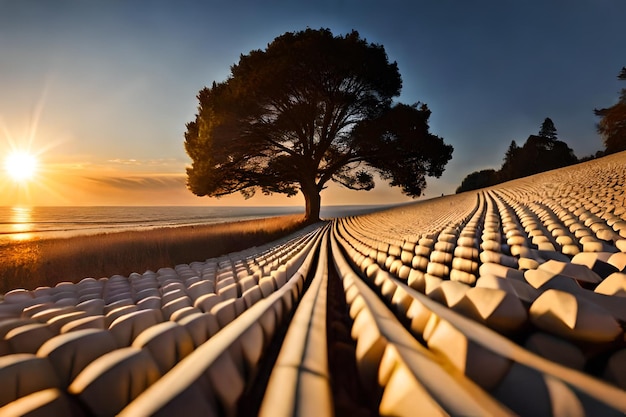 Uma árvore na praia ao pôr do sol