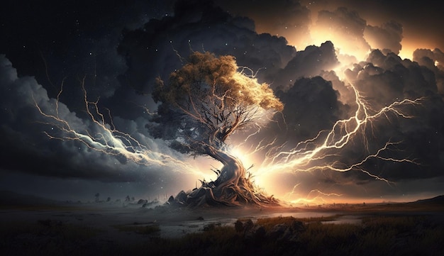 Uma árvore na tempestade com relâmpagos