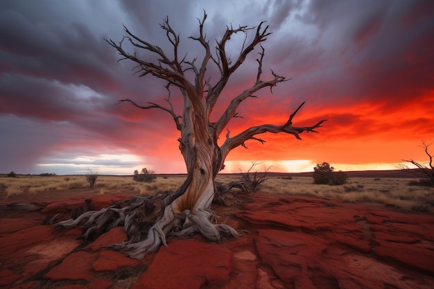 Uma árvore no deserto ao pôr do sol