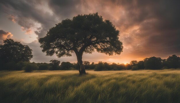 Foto uma árvore num campo com o sol a pôr-se atrás dela
