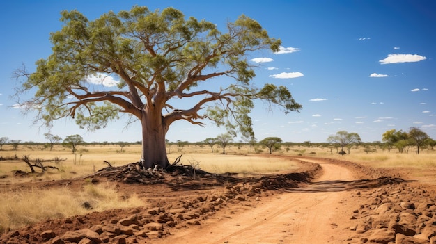 uma árvore numa estrada de terra