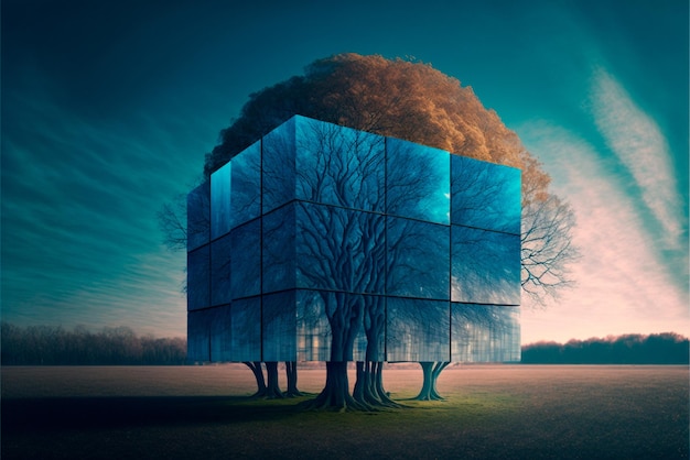 Uma árvore poderosa nos campos é protegida por uma parede de quadrados azuis Abstração