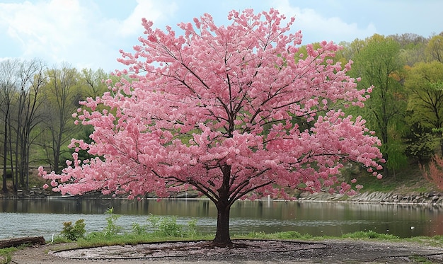 Foto uma árvore rosa com flores rosas no meio da imagem