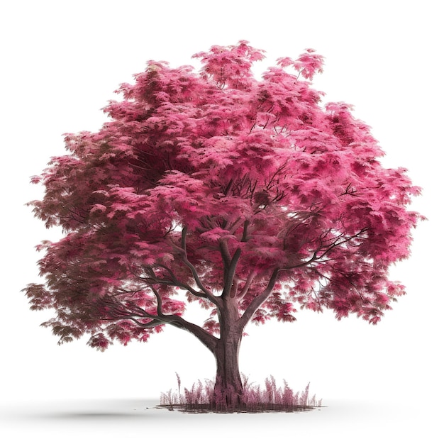 Uma árvore rosa com um grande tronco e uma grande árvore com uma grande copa.