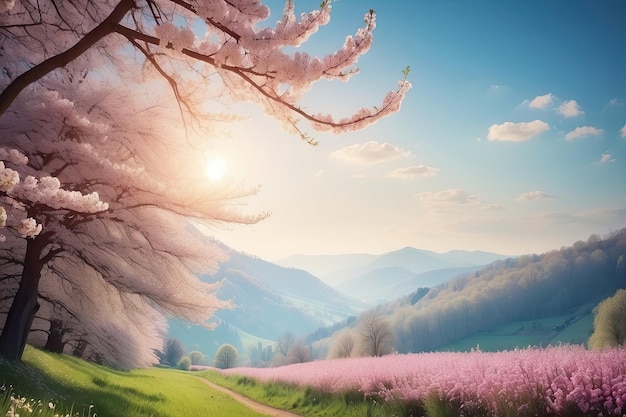 uma árvore rosa florescente em um campo de flores rosas