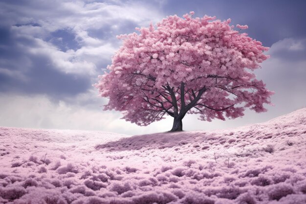 Foto uma árvore rosa no meio de um campo coberto de neve