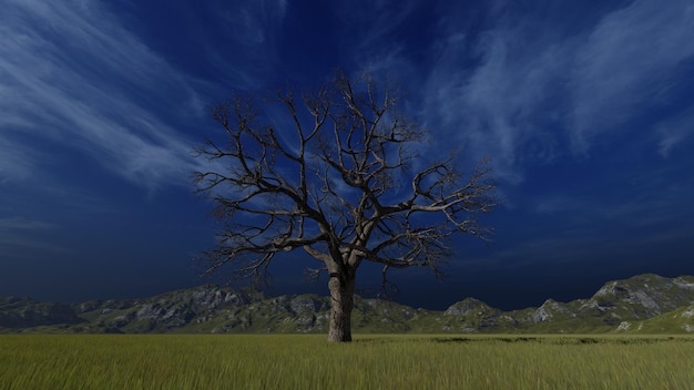 Foto uma árvore seca sem folhas em um prado verde sobre um fundo de montanhas