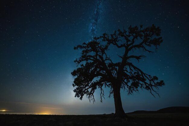Uma árvore solitária está em silhueta contra o céu noturno
