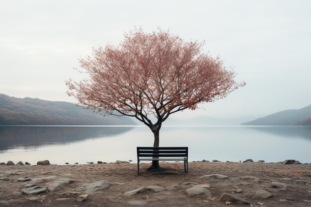 uma árvore solitária fica em frente a um lago