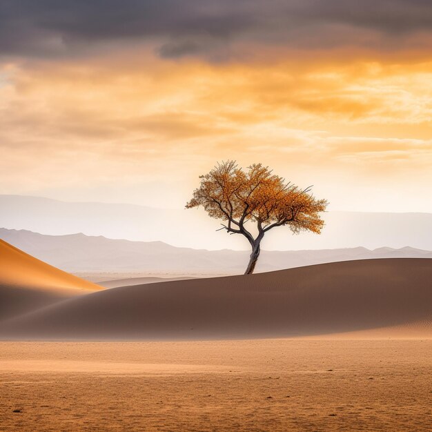 Foto uma árvore solitária fica em um deserto com o sol se pondo atrás dela.