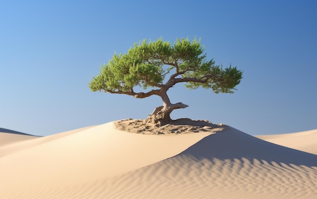 Uma árvore solitária fica na areia de um deserto.