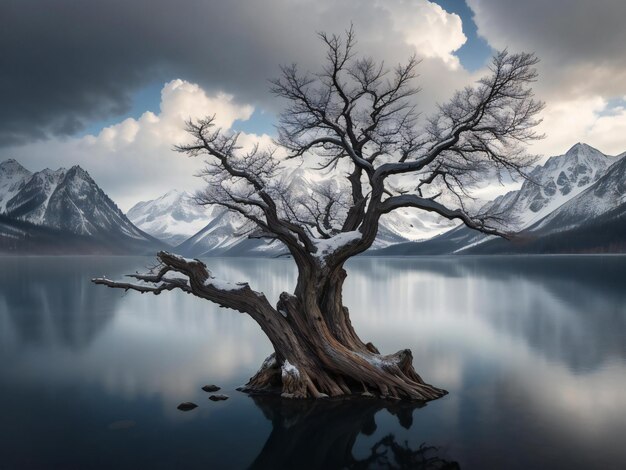 uma árvore solitária fica na margem de um lago