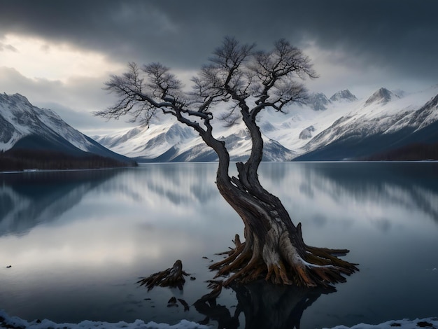 uma árvore solitária fica na margem de um lago