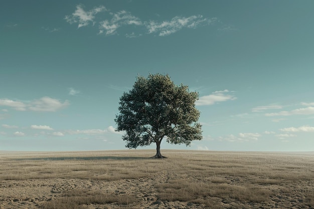 Uma árvore solitária num vasto campo vazio