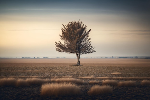 uma árvore sozinha em pé no meio de uma paisagem desértica