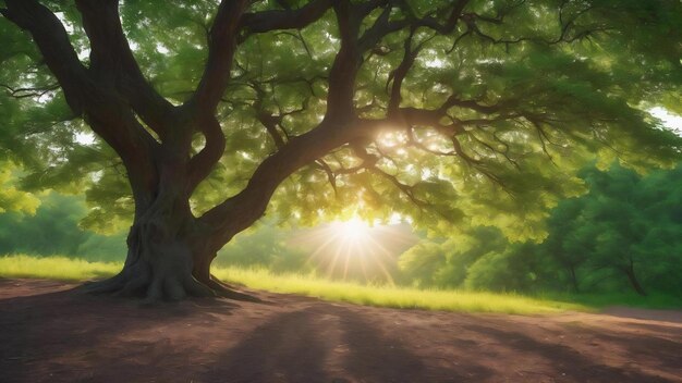 Foto uma árvore verde com o sol a brilhar pelas folhas