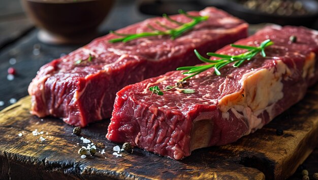 Uma assembléia culinária rústica Cortes puros de carne não cozida descansam graciosamente sobre uma madeira artesanal