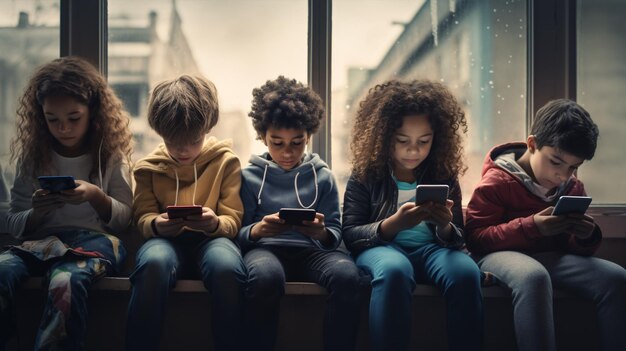 Foto uma assembléia intercultural de 810 anos de idade estacionados em uma janela absortos em jogos de telefone virtuais alheios à realidade