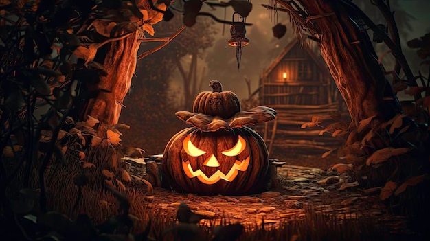 Uma assustadora noite de Halloween com abóboras e fantasmas gerados por IA