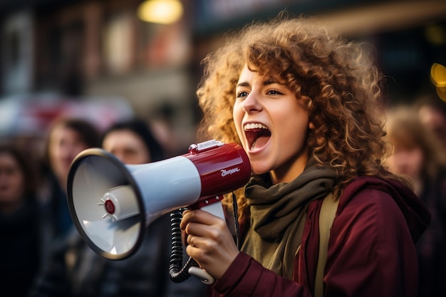 Uma ativista feminina protestando com um megafone durante uma demonstração Generative Ai