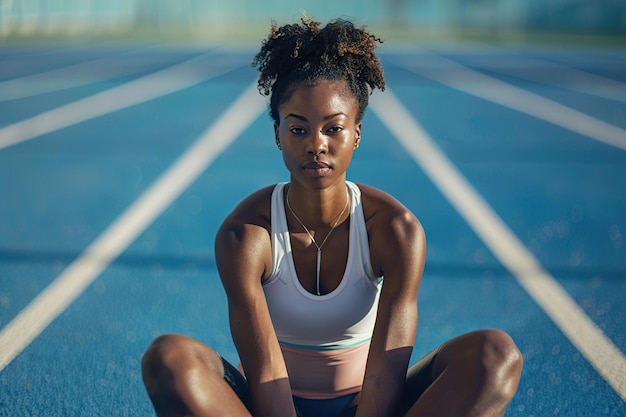 Uma atleta afro-americana se envolve em exercícios de aquecimento sentada na pista azul olímpica, encarnando o conceito de treinamento de corrida e dedicação nos esportes