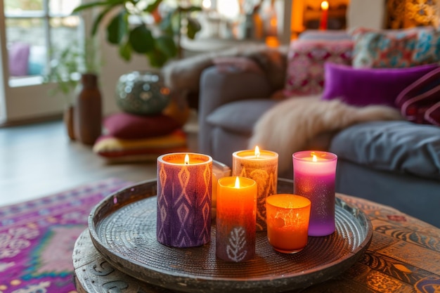 Uma atmosfera caseira aconchegante Uma mesa de café com velas acesas na sala de estar