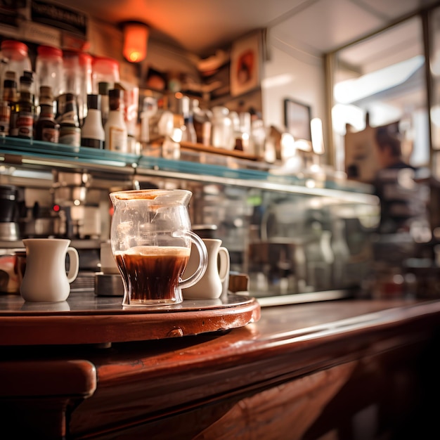 Uma atmosfera refrescante e cremosa de um pequeno café.