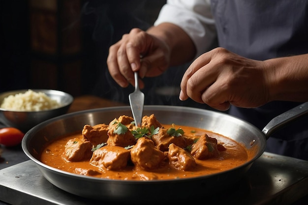 Uma aula de cozinha de frango com manteiga com um chef