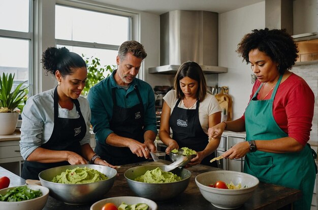 Uma aula de culinária em grupo onde os participantes aprendem a