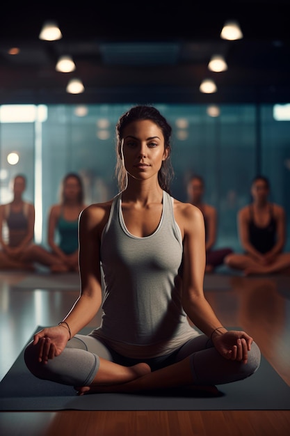 uma aula de ioga praticando posturas e alongamentos em um ginásio de conceito aberto
