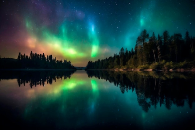 Uma aurora boreal mostra acima de um lago.