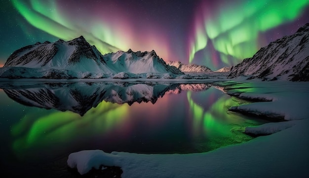 Uma aurora boreal sobre um lago