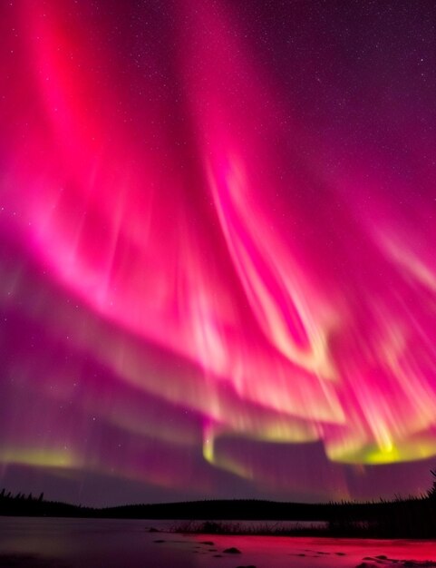 Uma aurora etérea de vermelhos e laranjas vibrantes irradiando das estrelas