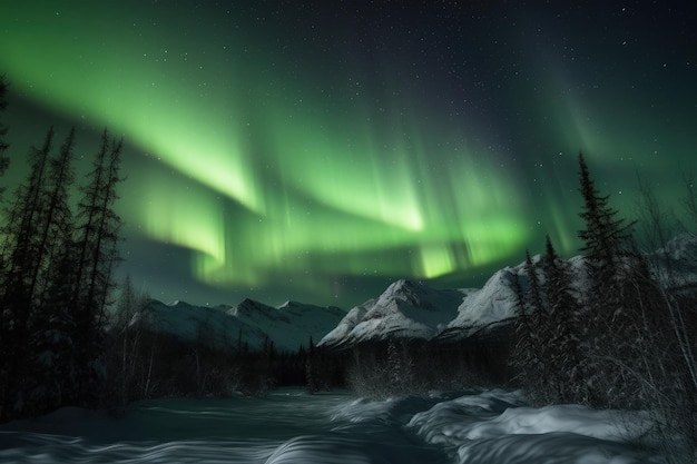 Uma aurora verde e roxa surgiu sobre uma IA geradora de montanha nevada