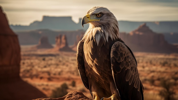 Uma ave de rapina senta-se em uma rocha no deserto.