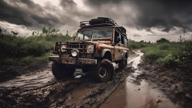 Uma aventura off-road acidentada atravessa a lama Viagem off-road