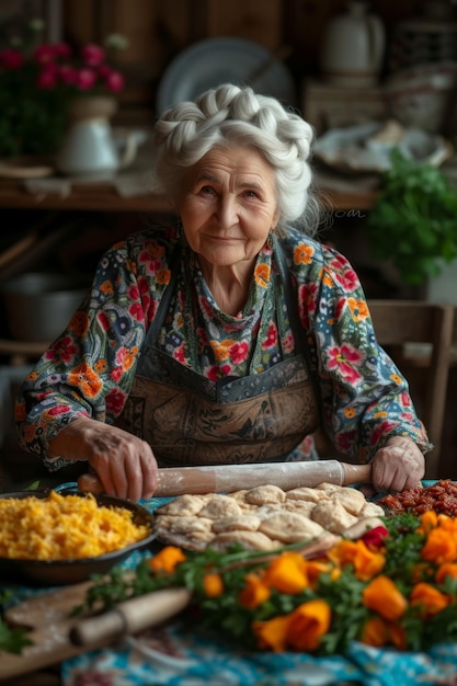 Uma avó da Europa Oriental na cozinha, com um rolo nas mãos, prepara a massa