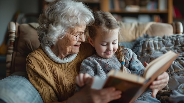 Uma avó doce e satisfeita lendo um livro para sua neta Generative Ai
