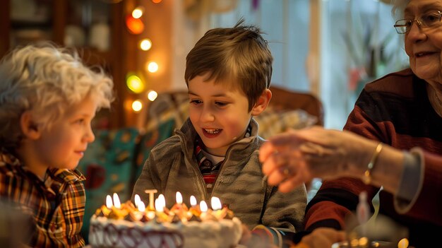 Uma avó está ajudando seus dois netos a soprar as velas no bolo de aniversário dele.