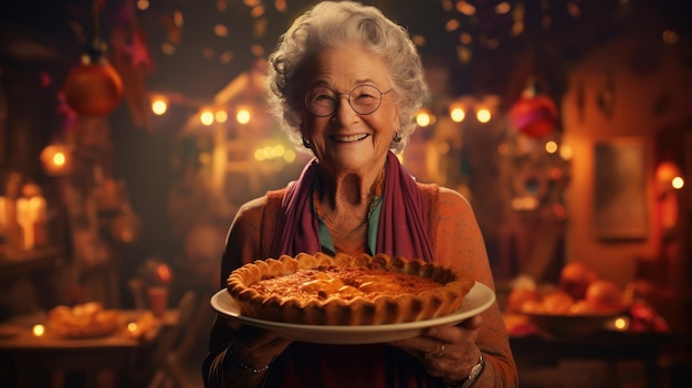 Uma avó idosa agarrando uma torta de abóbora Generative Ai