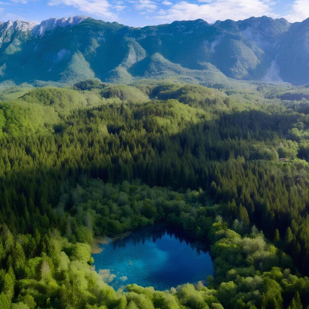 uma bacia natural de água em uma floresta exuberante cercada por belas montanhas