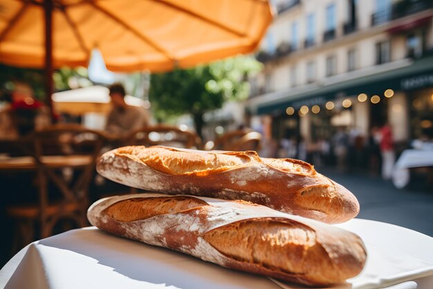 Foto uma baguete recém-cozida em uma mesa em um café parisiense