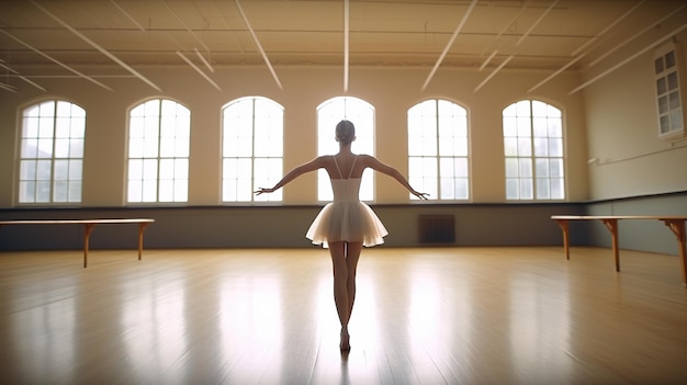 Foto uma bailarina em um estúdio com janelas que dizem 'eu te amo'