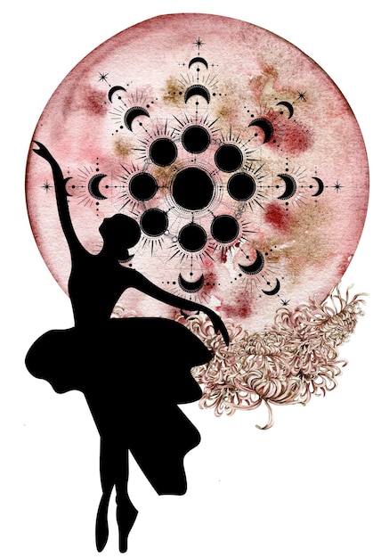 Uma bailarina está dançando em um círculo rosa com um círculo dourado atrás dele